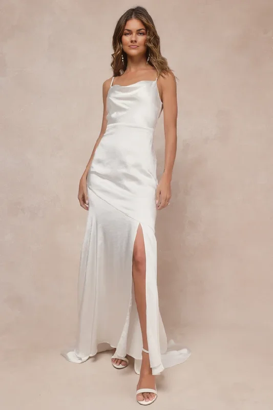 Ivory Satin Backless Cowl Neck Maxi Dress Spaghetti Strap Floor-length Wedding Dresses