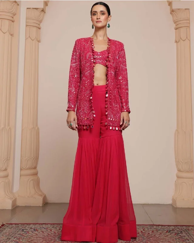 Pink Linear Jacket And Gharara Set