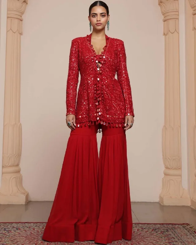 Red Linear Jacket And Gharara Set