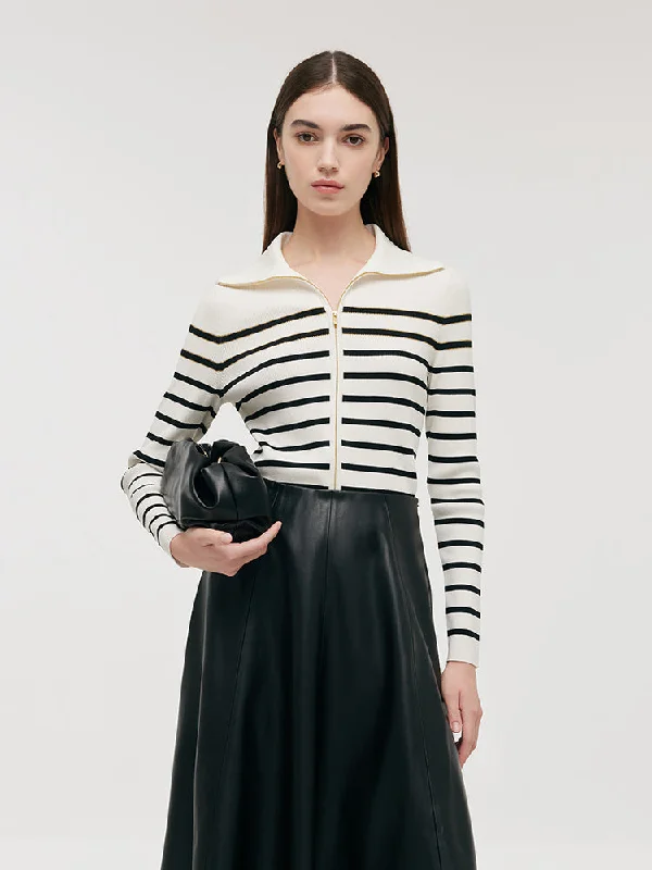 Black And White Stripe Zip-Up Women Cardigan