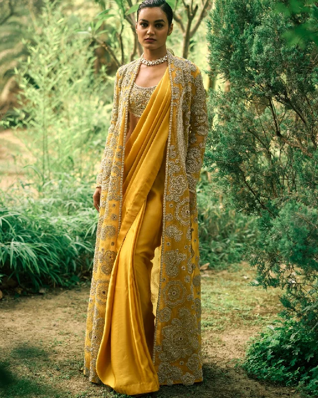 Mustard Sari And Jacket Set