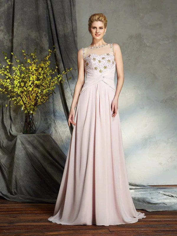 A-Line/Princess Bateau Applique Sleeveless Long Chiffon Mother of the Bride Dresses