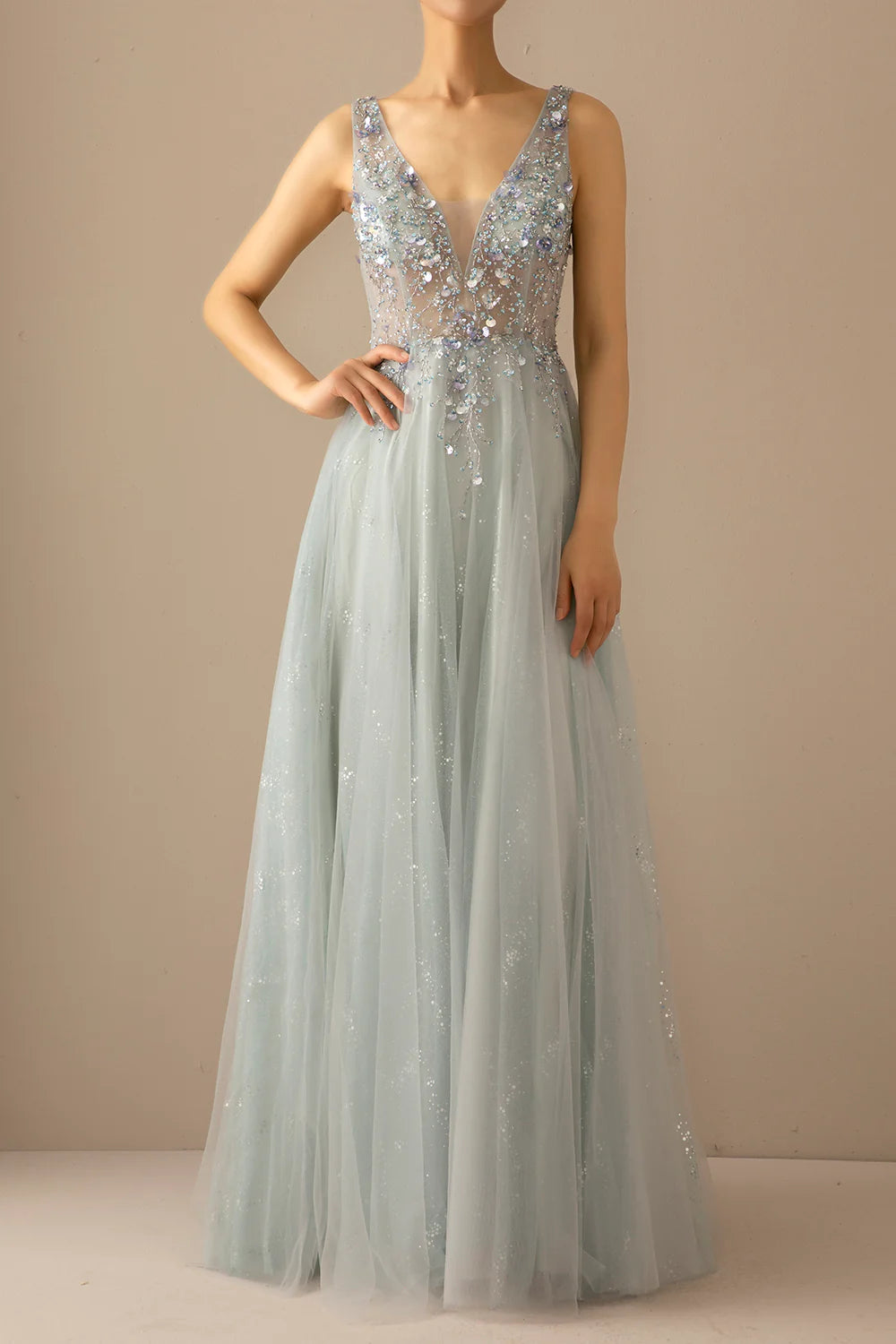 Long A Line V-Neck Tulle Wedding Guest Dress Grey Blue Evening Dress