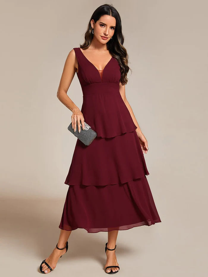 Sleeveless Tiered Hem V-Neck Chiffon Wedding Guest Dress