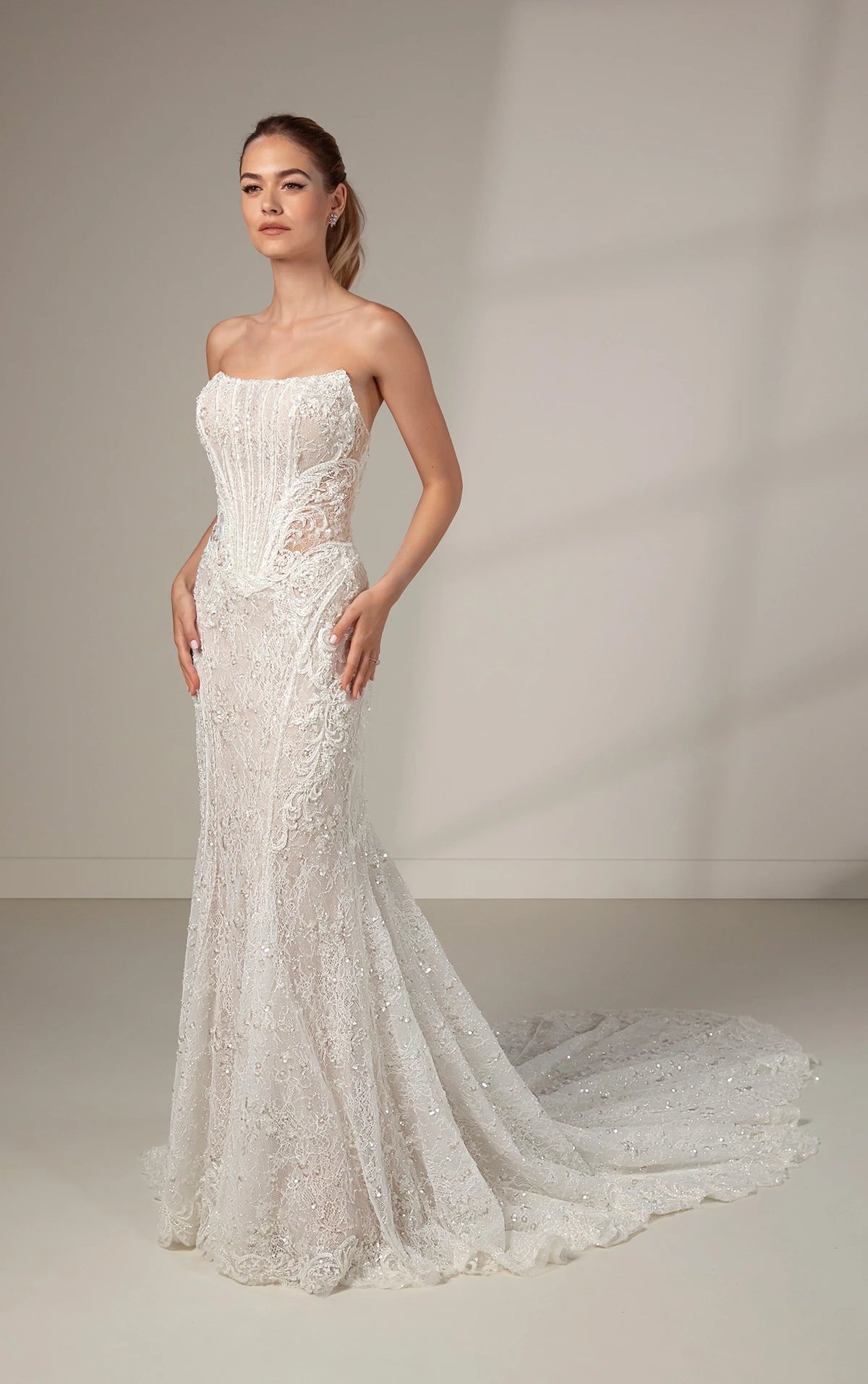 Modern Art Deco Sparkling Lace Fit-and-Flare Wedding Dress