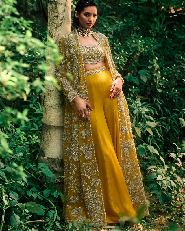 Mustard Embroidered Jacket And Pants Set