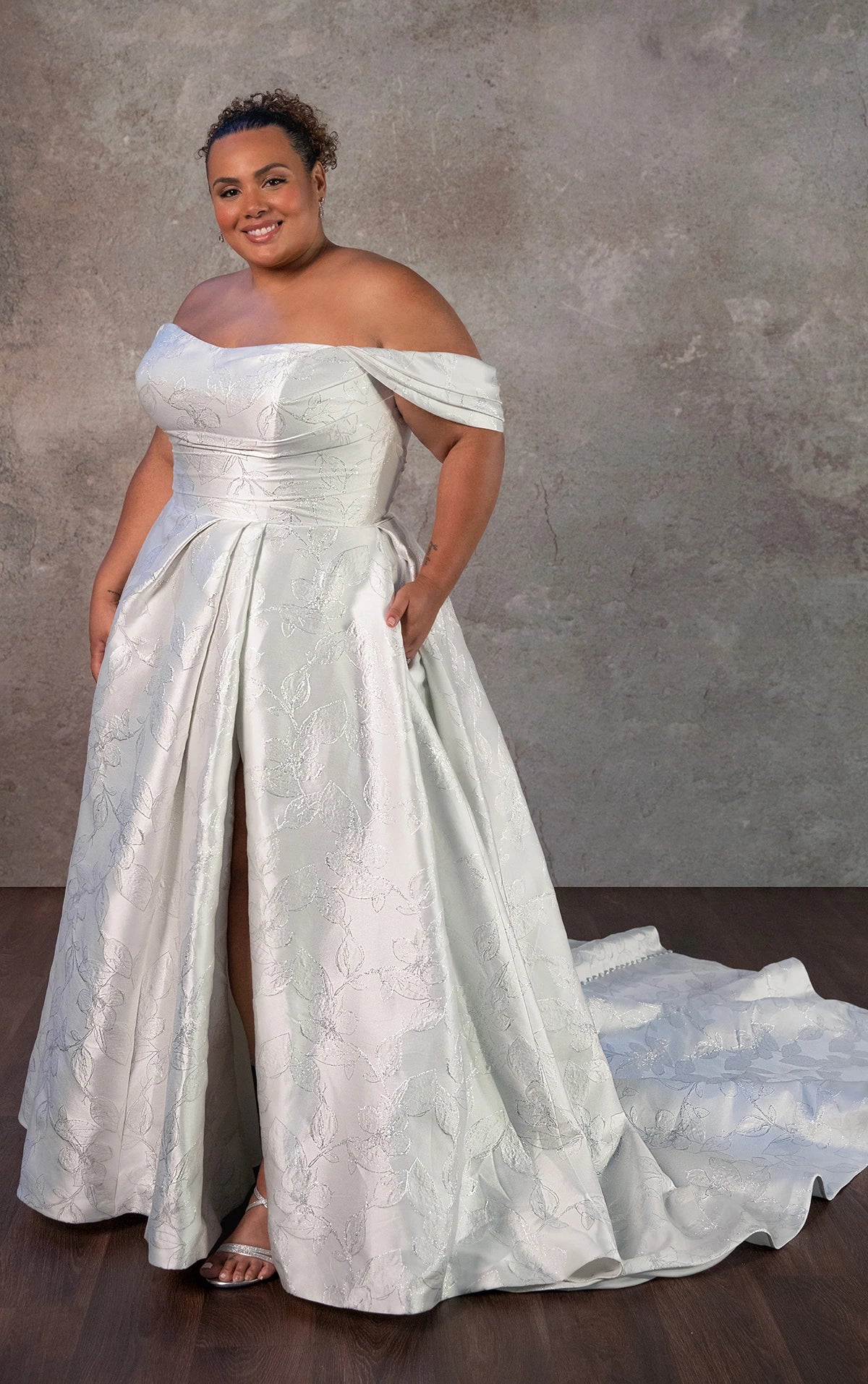 Off-the-Shoulder Plus Size Satin A-Line Wedding Dress with Pockets