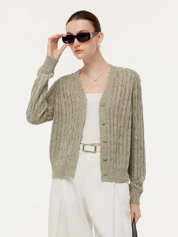 Linen Sequins Openwork Women Knit Cardigan