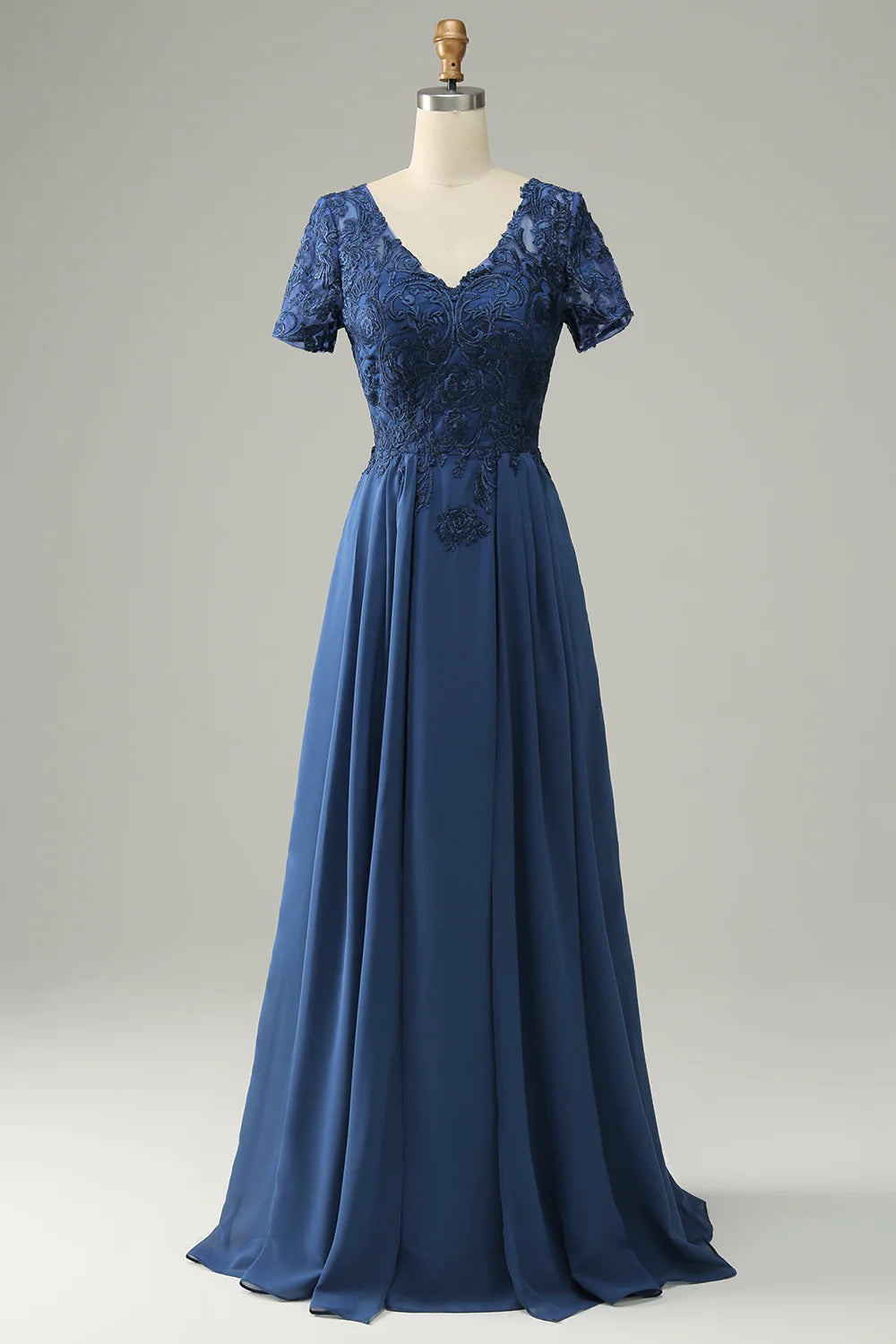 Blue A Line V Neck Mother of Bride Dress with Appliques Long Dress