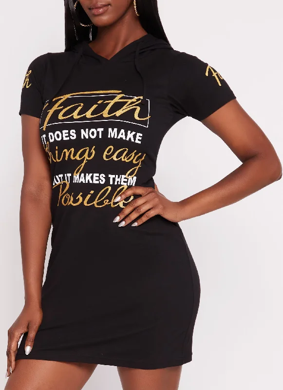 Faith Glitter Graphic Hooded T Shirt Dress