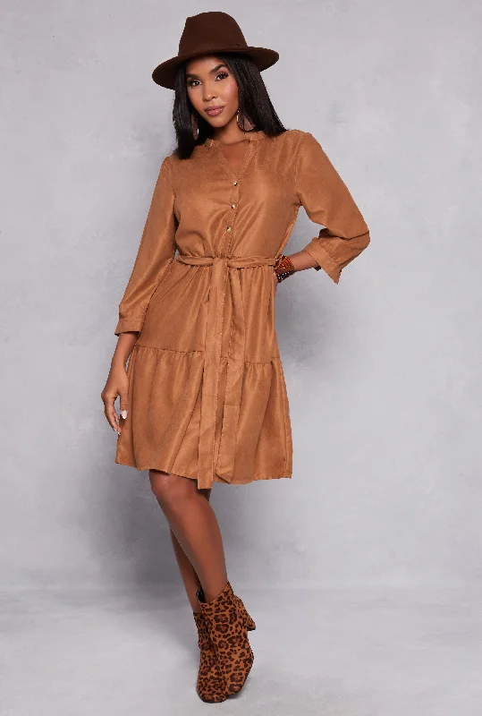 Tie Waist Belted Half Button Tiered Dress