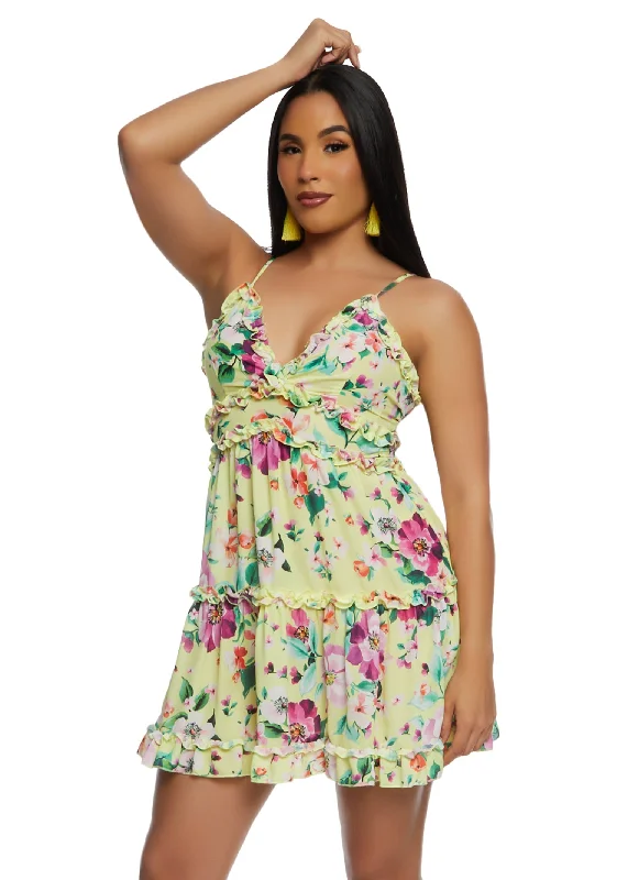 Iris Floral V Neck Tiered Ruffle Sundress