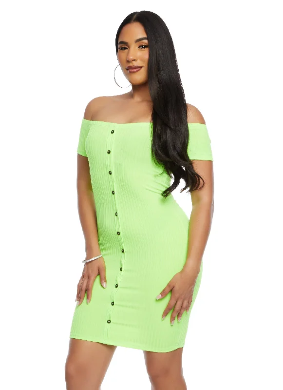 Off the Shoulder Button Detail Bodycon Dress