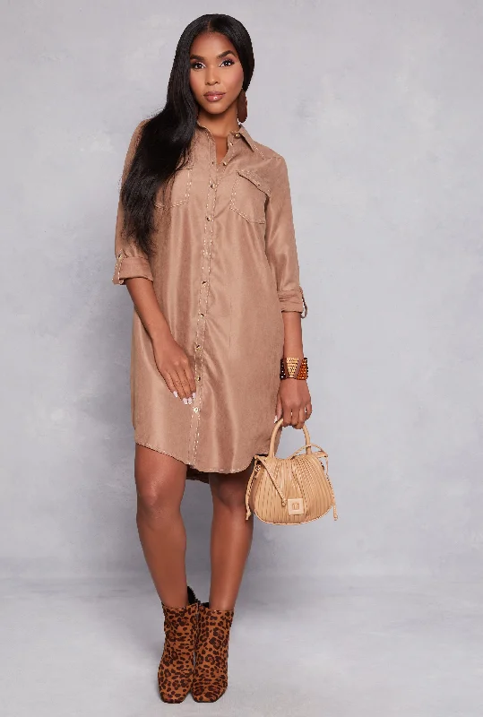 Tabbed Sleeve Button Down Shirt Dress