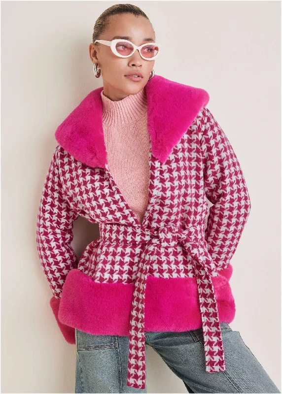 Printed Fur Trim Coat - Pink & White