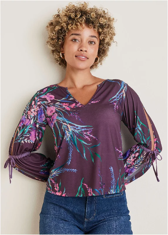 Tie Sleeve Blouse - Regal Wildflowers