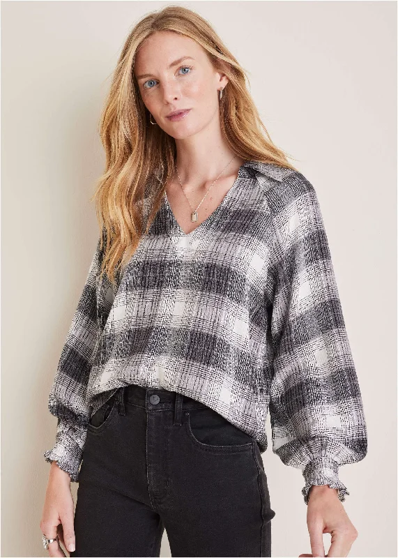 Brushed Plaid Blouse - Grey Plaid