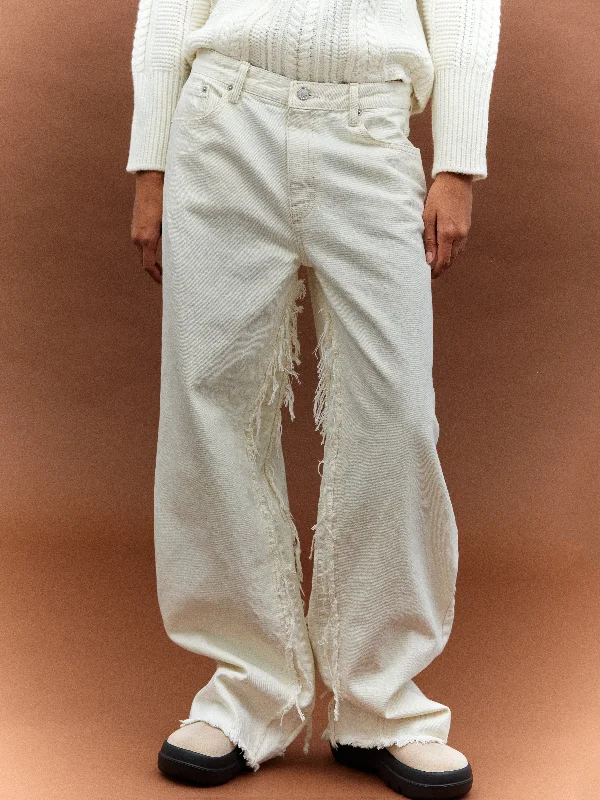 Wide-Leg Frayed Jeans, Ivory