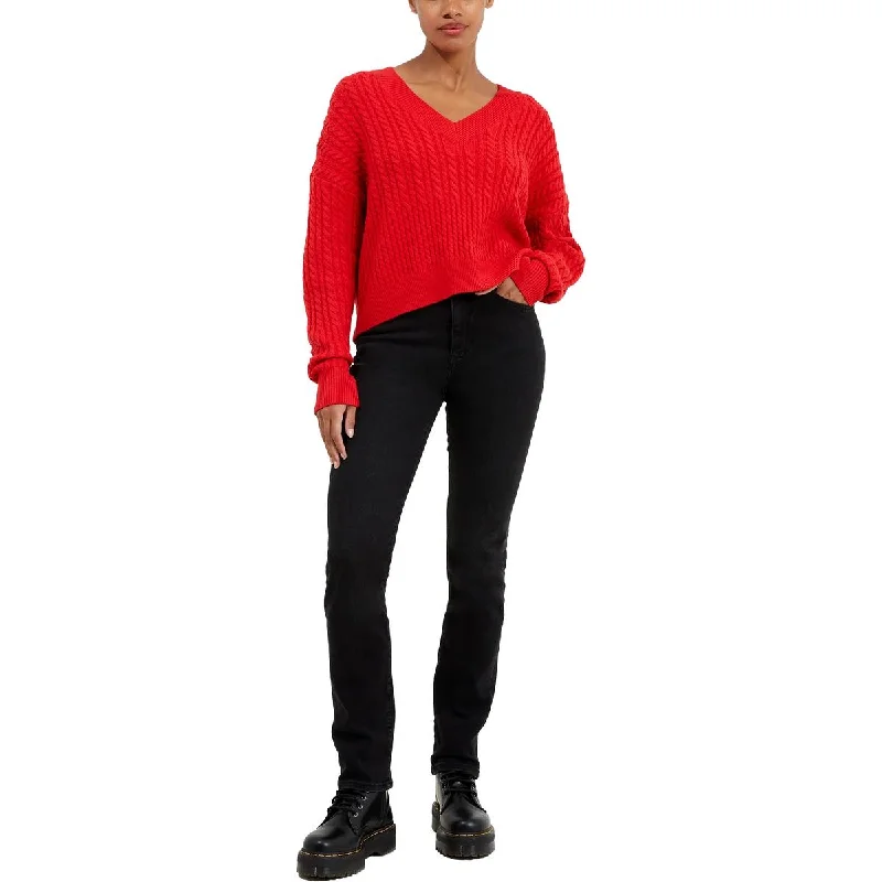 Womens Cable Knit V-Neck Pullover Sweater