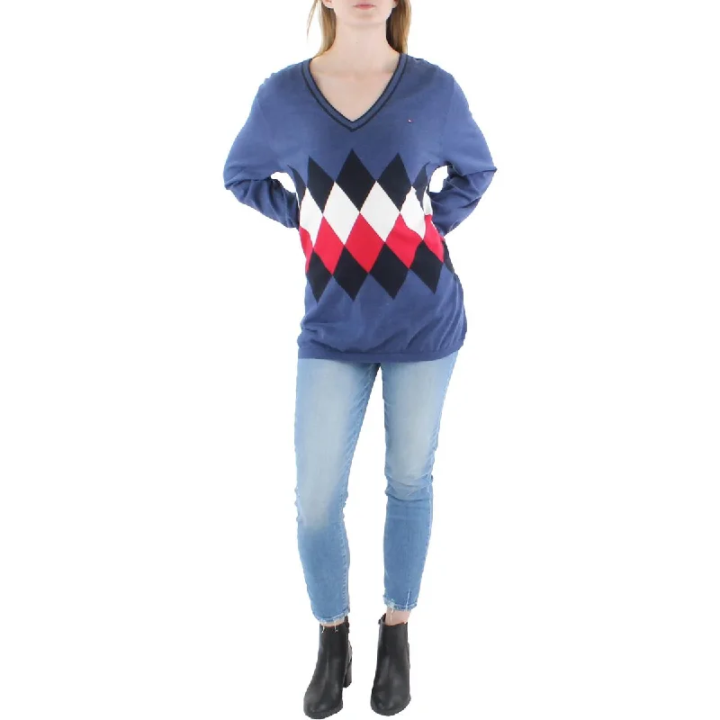 Womens Cotton Blend Argyle Pullover Sweater