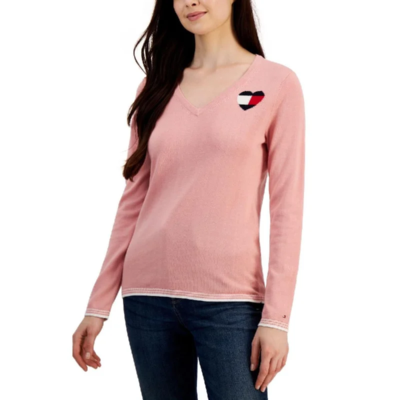 Womens Heart Stripe Trim V-Neck Sweater